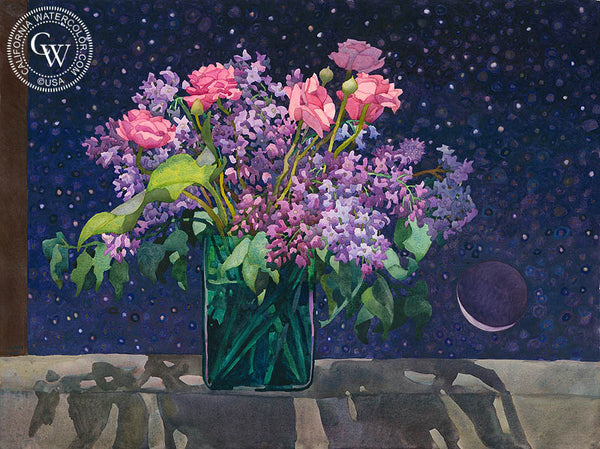Twilight Lilacs, 1989, California art by Carolyn Lord. HD giclee art prints for sale at CaliforniaWatercolor.com - original California paintings, & premium giclee prints for sale