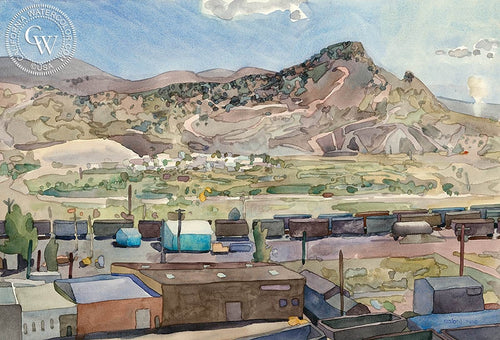 A View of Elko, 1981, watercolor painting by Carolyn Lord  (American art). Fine art giclée print reproduction by California Watercolor for wall decor.