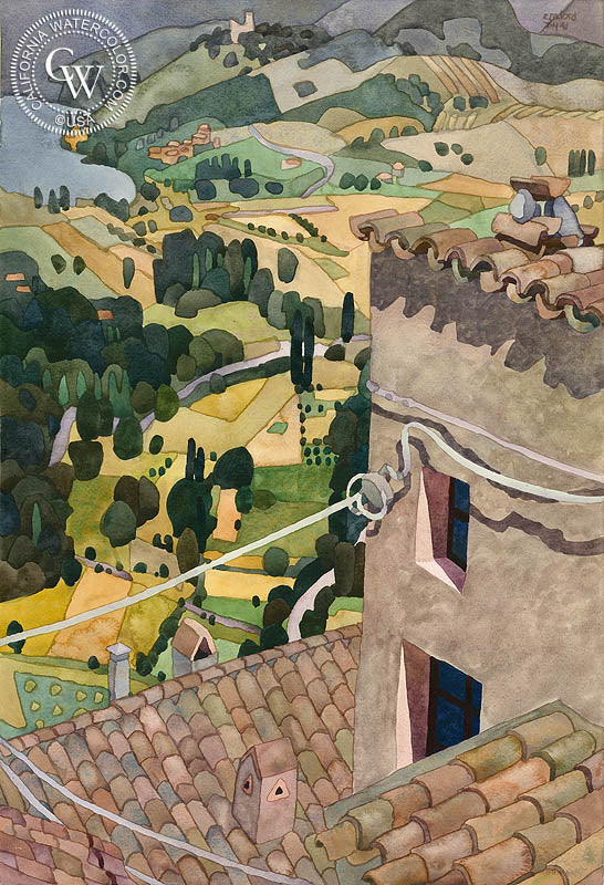 Alta Vista dal Labro, Italy, 1991, watercolor painting by Carolyn Lord  (American art). Fine art giclée print reproduction by California Watercolor for wall decor.
