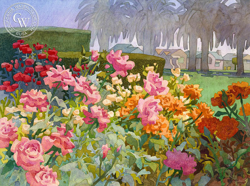 April Roses with Palms, watercolor painting by Carolyn Lord  (American art). Fine art giclée print reproduction by California Watercolor for wall decor.