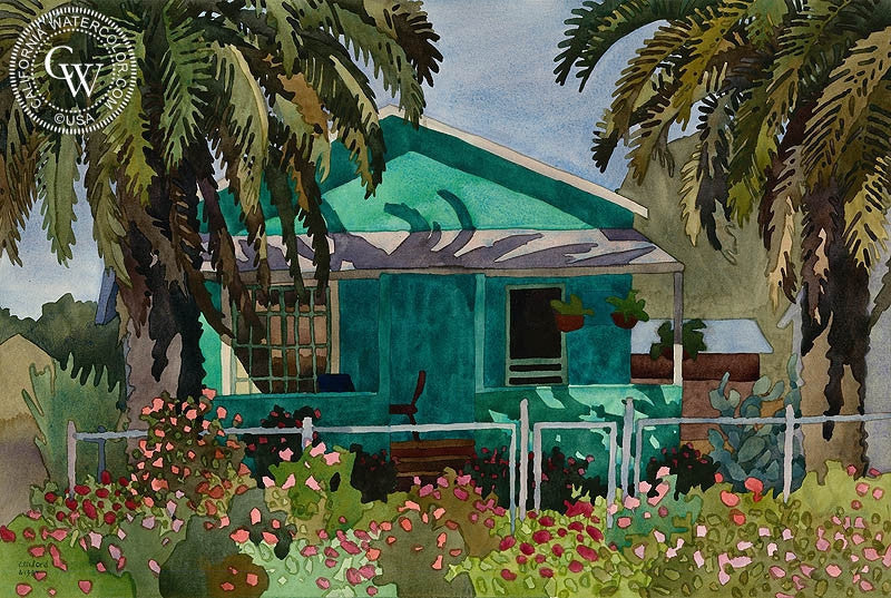 Aqua Bungalow and Palms, 1984, watercolor painting by Carolyn Lord  (American art). Fine art giclée print reproduction by California Watercolor for wall decor.