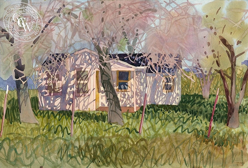 Arroyo Road Ranch House, 1988, watercolor painting by Carolyn Lord  (American art). Fine art giclée print reproduction by California Watercolor for wall decor.