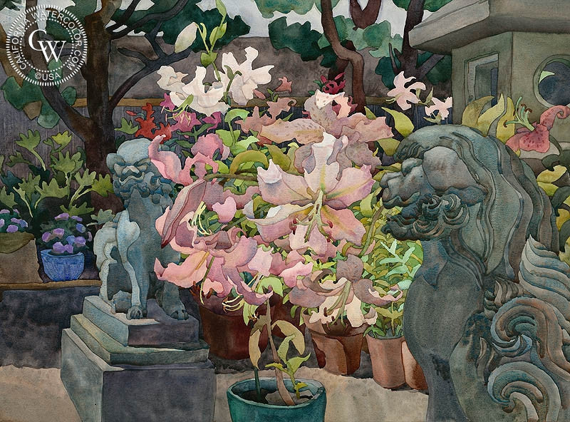 Barking Lilies, 1983, watercolor painting by Carolyn Lord  (American art). Fine art giclée print reproduction by California Watercolor for wall decor.
