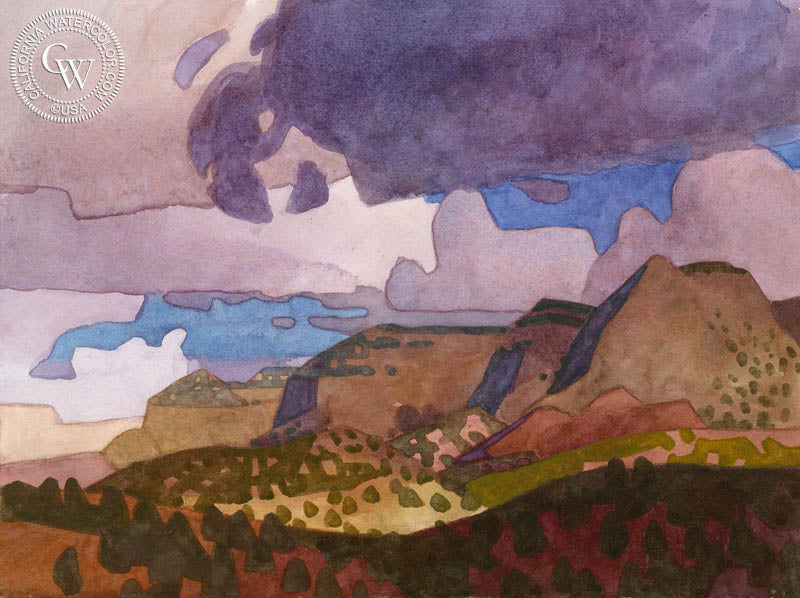 Bluffs Under Clouds, 2018, watercolor painting by Carolyn Lord  (American art). Fine art giclée print reproduction by California Watercolor for wall decor.