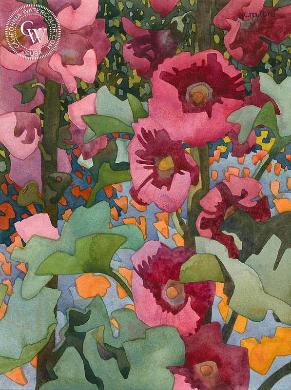 California Hollyhocks, watercolor painting by Carolyn Lord  (American art). Fine art giclée print reproduction by California Watercolor for wall decor.