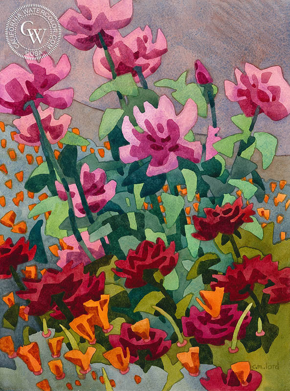 Cul-de-Sac Roses, watercolor painting by Carolyn Lord  (American art). Fine art giclée print reproduction by California Watercolor for wall decor.