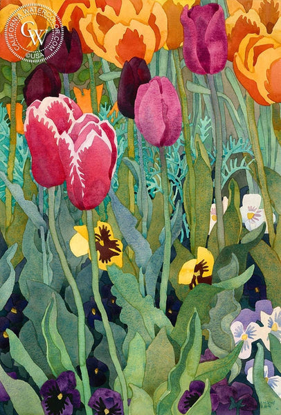 Flamingo Tulips, 1991, California art by Carolyn Lord. HD giclee art prints for sale at CaliforniaWatercolor.com - original California paintings, & premium giclee prints for sale