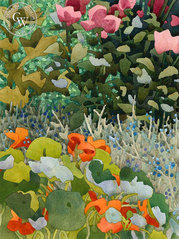 Garden Corner, watercolor painting by Carolyn Lord  (American art). Fine art giclée print reproduction by California Watercolor for wall decor.