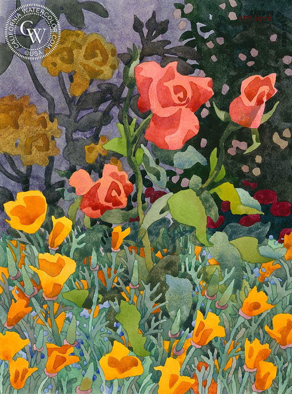 Garden Minuet, watercolor painting by Carolyn Lord  (American art). Fine art giclée print reproduction by California Watercolor for wall decor.
