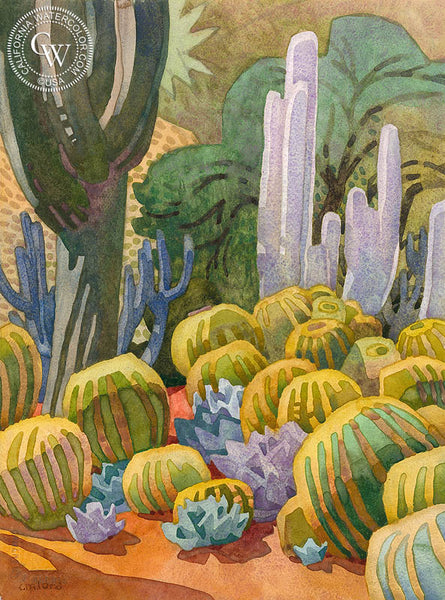 Gary's Cactus Collection, 2013, a California watercolor painting by Carolyn Lord. HD giclee art prints for sale at CaliforniaWatercolor.com - original California paintings, & premium giclee prints for sale