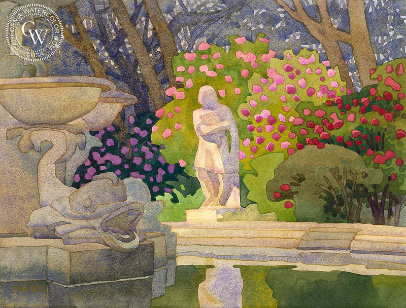 Greeting the Morning, Huntington Gardens, watercolor painting by Carolyn Lord  (American art). Fine art giclée print reproduction by California Watercolor for wall decor.