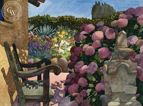Harry's Bench, 1984, California art by Carolyn Lord. HD giclee art prints for sale at CaliforniaWatercolor.com - original California paintings, & premium giclee prints for sale