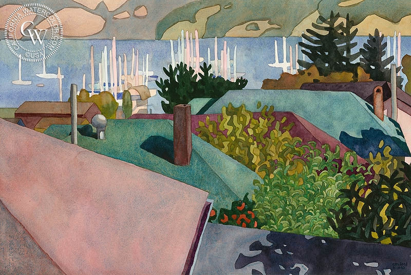 Nicolaou's Sausalito View, 1990, watercolor painting by Carolyn Lord  (American art). Fine art giclée print reproduction by California Watercolor for wall decor.