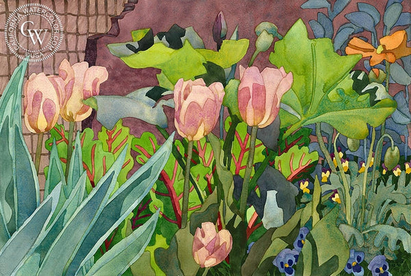 Peerless Pink Tulips, 1990, California art by Carolyn Lord. HD giclee art prints for sale at CaliforniaWatercolor.com - original California paintings, & premium giclee prints for sale