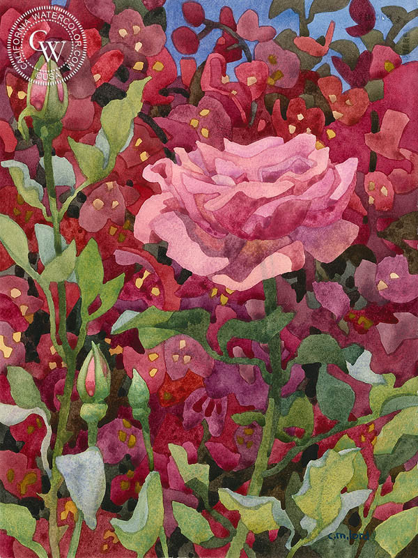 Pink, Pink, watercolor painting by Carolyn Lord  (American art). Fine art giclée print reproduction by California Watercolor for wall decor.