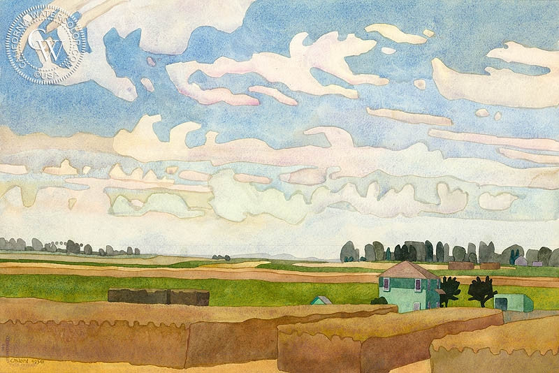 September Skies in Ryde, 1990, watercolor painting by Carolyn Lord  (American art). Fine art giclée print reproduction by California Watercolor for wall decor.