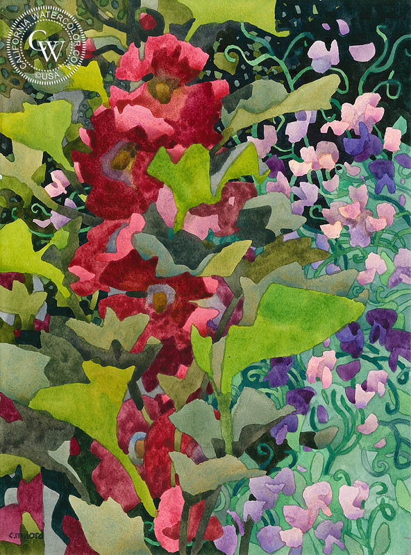 Sweet Peas and Hollyhocks, watercolor painting by Carolyn Lord  (American art). Fine art giclée print reproduction by California Watercolor for wall decor.