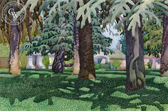 The Green Corner at College and L, 1998, California art by Carolyn Lord. HD giclee art prints for sale at CaliforniaWatercolor.com - original California paintings, & premium giclee prints for sale