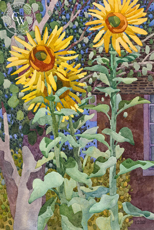 Triple Suns in September, 2001, watercolor painting by Carolyn Lord  (American art). Fine art giclée print reproduction by California Watercolor for wall decor.