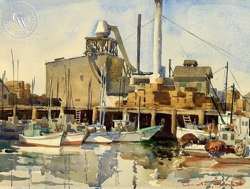 At the Dock, c. 1940, watercolor painting by Charles Payzant  (American art). Fine art giclée print reproduction by California Watercolor for wall decor.