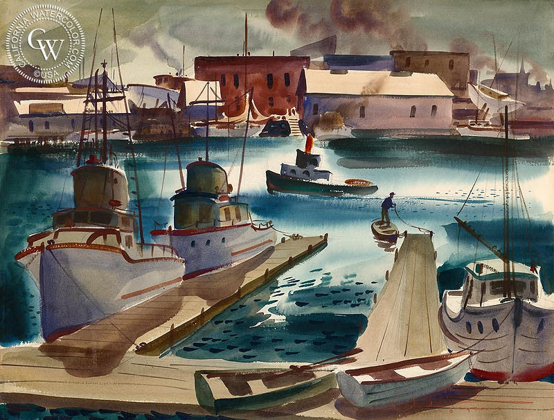 Cerritos Channel, watercolor painting by Charles Payzant  (American art). Fine art giclée print reproduction by California Watercolor for wall decor.