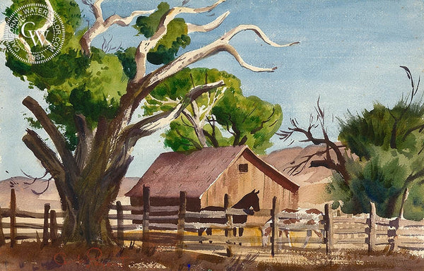 Corral, c. 1939, California art by Charles Payzant. HD giclee art prints for sale at CaliforniaWatercolor.com - original California paintings, & premium giclee prints for sale