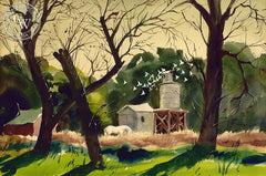 Horse in Farm Scene, c. 1940's, California art by Charles Payzant. HD giclee art prints for sale at CaliforniaWatercolor.com - original California paintings, & premium giclee prints for sale