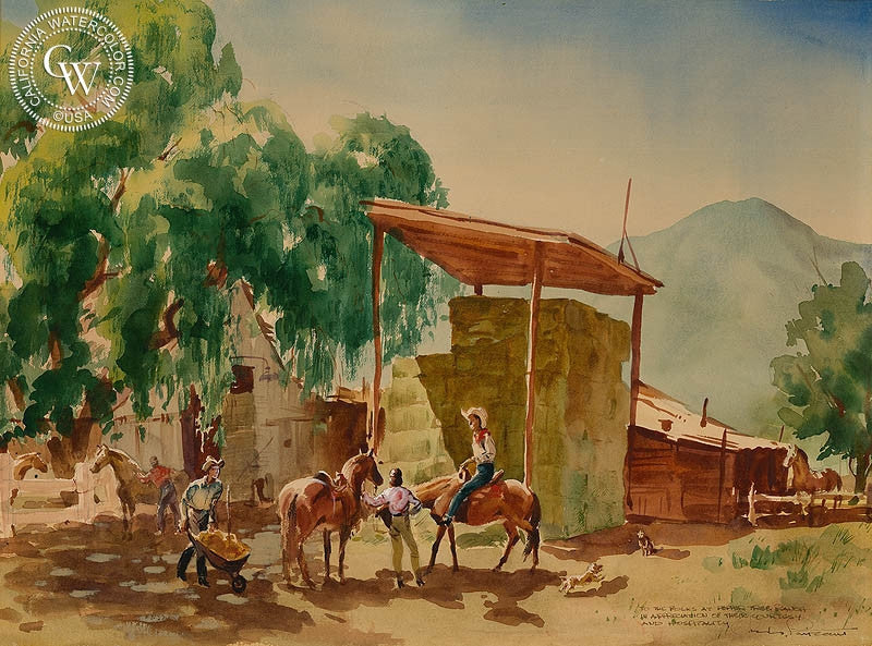 Pepper Tree Ranch, watercolor painting by Charles Payzant  (American art). Fine art giclée print reproduction by California Watercolor for wall decor.