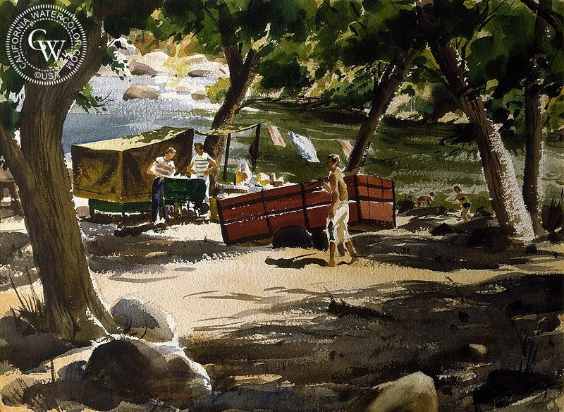 River Campout, c. 1940s, watercolor painting by Charles Payzant  (American art). Fine art giclée print reproduction by California Watercolor for wall decor.
