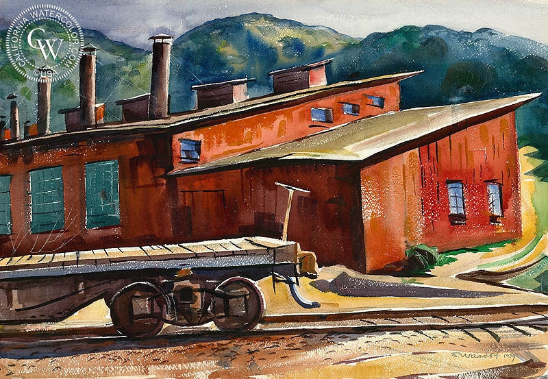 Railyard, 1959, watercolor painting by Charles Surendorf  (American art). Fine art giclée print reproduction by California Watercolor for wall decor.