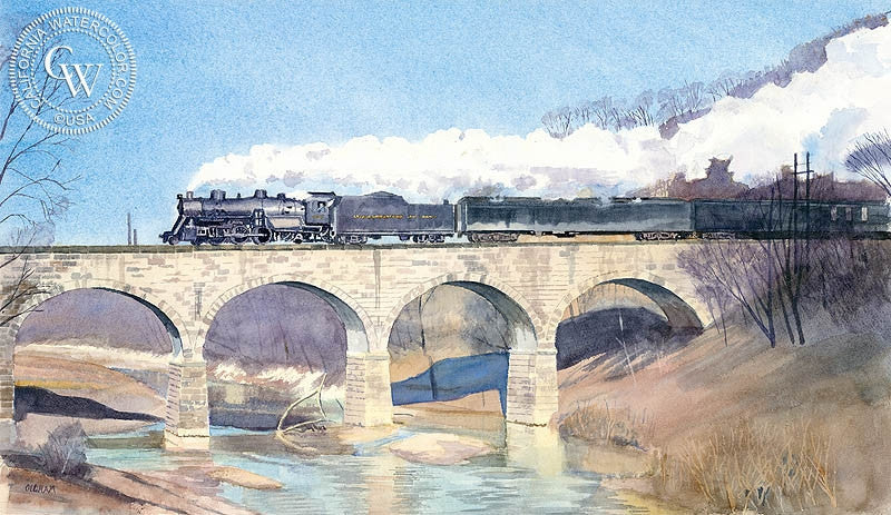 Across Wheeling Creek, watercolor painting by Chris Oldham  (American art). Fine art giclée print reproduction by California Watercolor for wall decor.