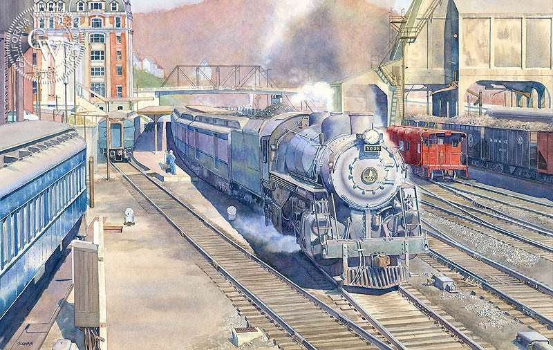 Always a Railroad Town, watercolor painting by Chris Oldham  (American art). Fine art giclée print reproduction by California Watercolor for wall decor.