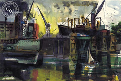 Loading Docks, Los Angeles Harbor, 1966, California art by Crandall Norton. HD giclee art prints for sale at CaliforniaWatercolor.com - original California paintings, & premium giclee prints for sale