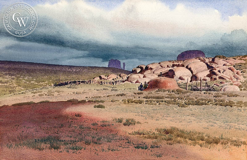 South East of Oljetoh, watercolor painting by D. Alanson Spencer  (American art). Fine art giclée print reproduction by California Watercolor for wall decor.
