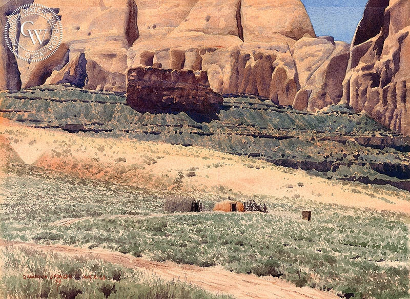 The Red Orange Cliffs, AZ, watercolor painting by D. Alanson Spencer  (American art). Fine art giclée print reproduction by California Watercolor for wall decor.
