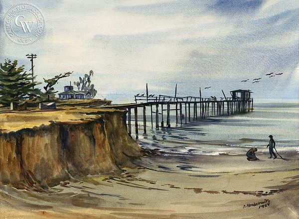 Boys at the Beach, 1955, California art by Daniel Mendelowitz. HD giclee art prints for sale at CaliforniaWatercolor.com - original California paintings, & premium giclee prints for sale