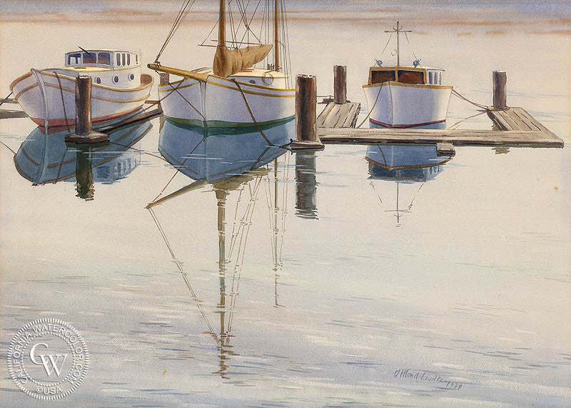 Boats at Rest, 1939, watercolor painting by Daniel Mendelowitz  (American art). Fine art giclée print reproduction by California Watercolor for wall decor.