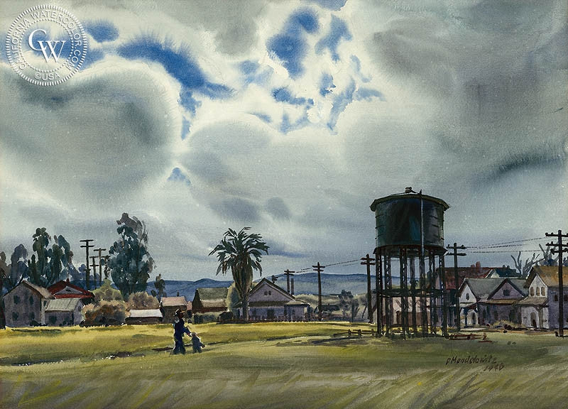 South Palo Alto, 1946, watercolor painting by Daniel Mendelowitz  (American art). Fine art giclée print reproduction by California Watercolor for wall decor.