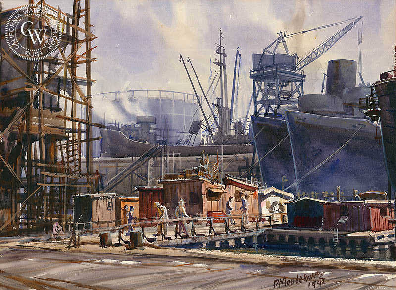 The Shipyards, 1943, watercolor painting by Daniel Mendelowitz  (American art). Fine art giclée print reproduction by California Watercolor for wall decor.