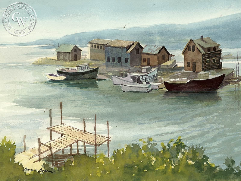 Fishing Boats, watercolor painting by Darwin Duncan  (American art). Fine art giclée print reproduction by California Watercolor for wall decor.