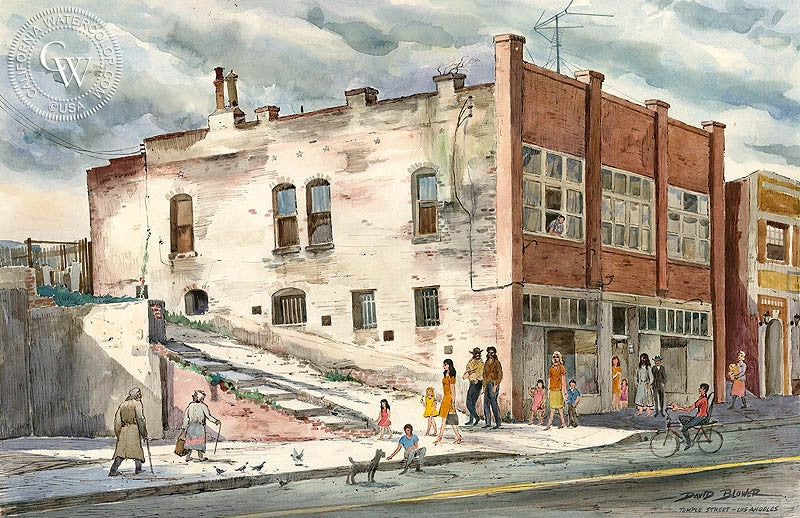 Temple Street, Los Angeles, c. 1940s, watercolor painting by David Blower  (American art). Fine art giclée print reproduction by California Watercolor for wall decor.