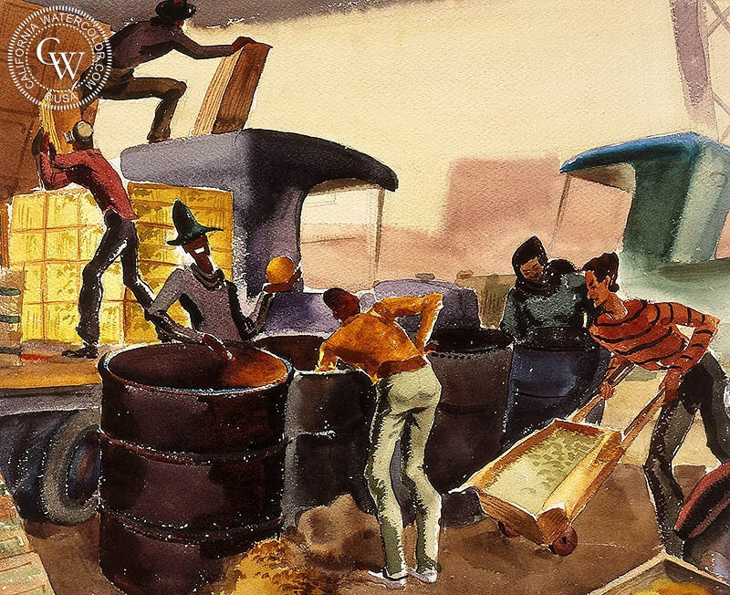 Produce District, L.A., 1939, watercolor painting by David Klein  (American art). Fine art giclée print reproduction by California Watercolor for wall decor.