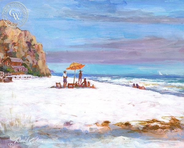 A Day at the Beach, Laguna, California art by David Solomon. HD giclee art prints for sale at CaliforniaWatercolor.com - original California paintings, & premium giclee prints for sale