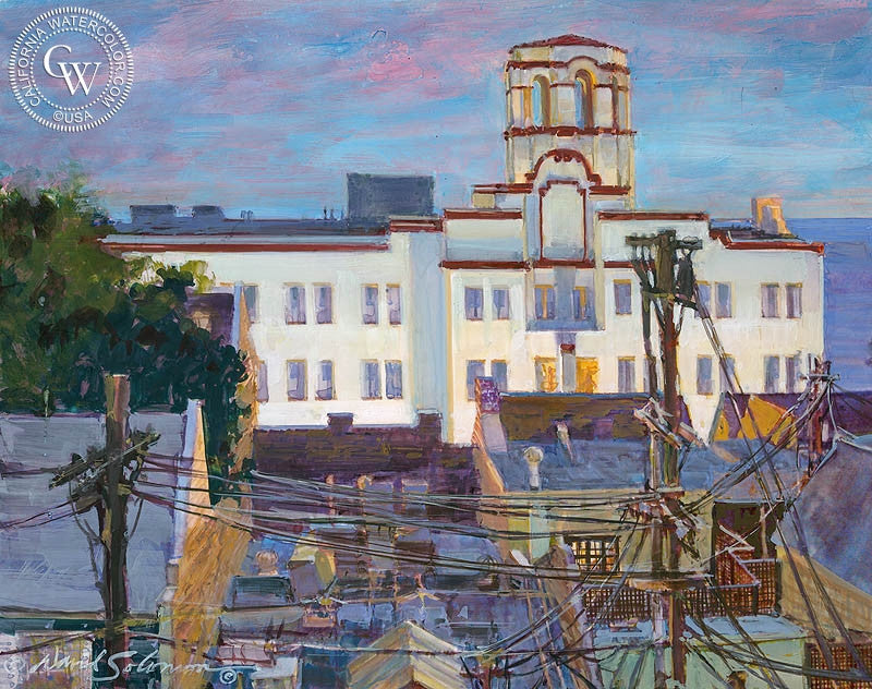 Hotel Laguna, watercolor painting by David Solomon  (American art). Fine art giclée print reproduction by California Watercolor for wall decor.