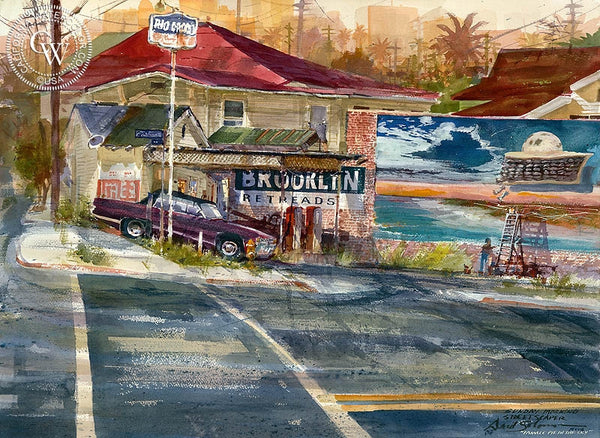 Sunday Morning Street Scaper, California art by David Solomon. HD giclee art prints for sale at CaliforniaWatercolor.com - original California paintings, & premium giclee prints for sale