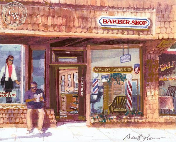 Walley's Barber Shop, Laguna, California art by David Solomon. HD giclee art prints for sale at CaliforniaWatercolor.com - original California paintings, & premium giclee prints for sale