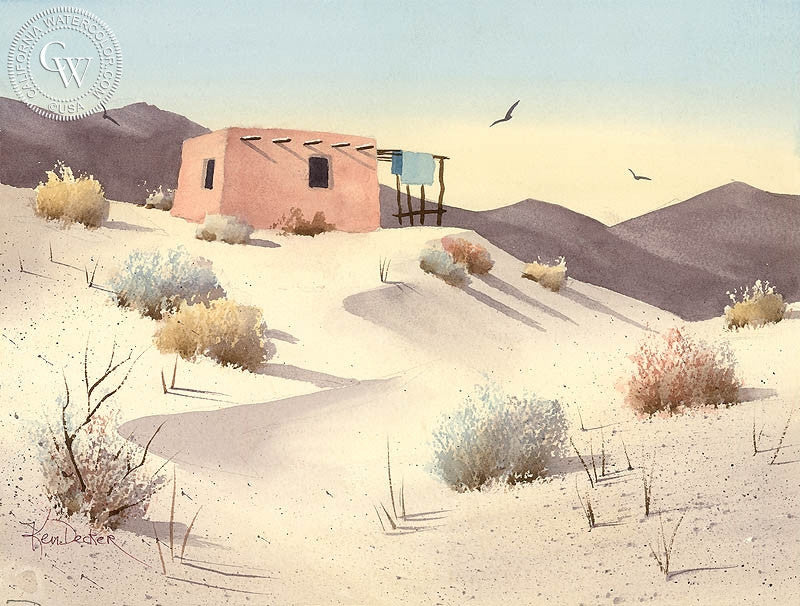 Adobe, watercolor painting by Ken Decker  (American art). Fine art giclée print reproduction by California Watercolor for wall decor.