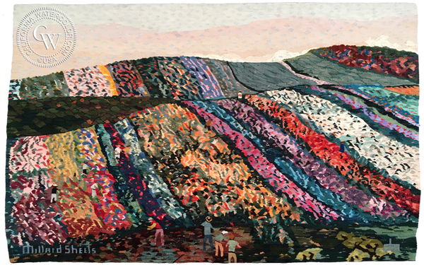 A Tapestry of a painting by Millard Sheets called Flower Fields
