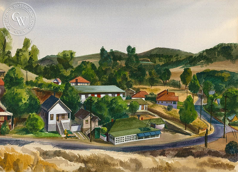 Jackson Gate, California, 1948, watercolor painting by Don Bester  (American art). Fine art giclée print reproduction by California Watercolor for wall decor.