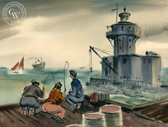 Harbor Fishing by Don David, an early California watercolor painting, original California watercolor art for sale - CaliforniaWatercolor.com